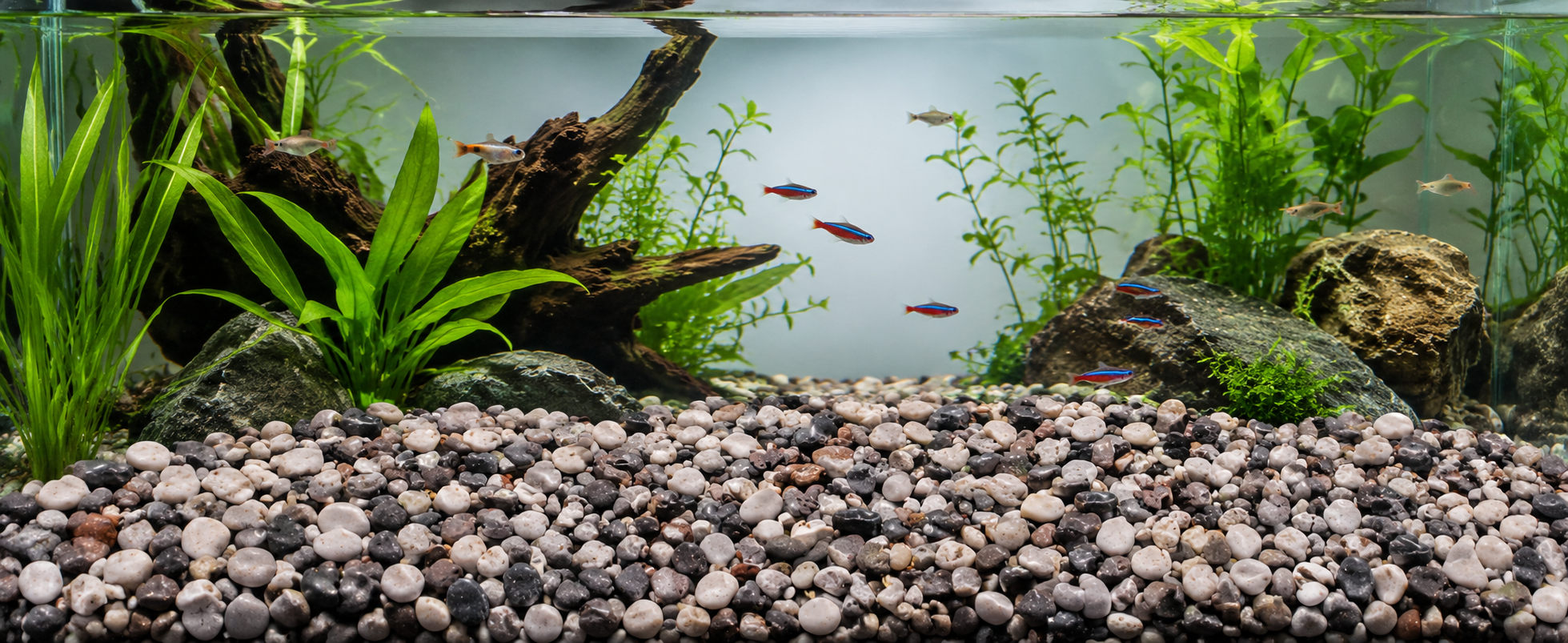 Ciottoli di fiume per acquario tropicale con piante e pesci